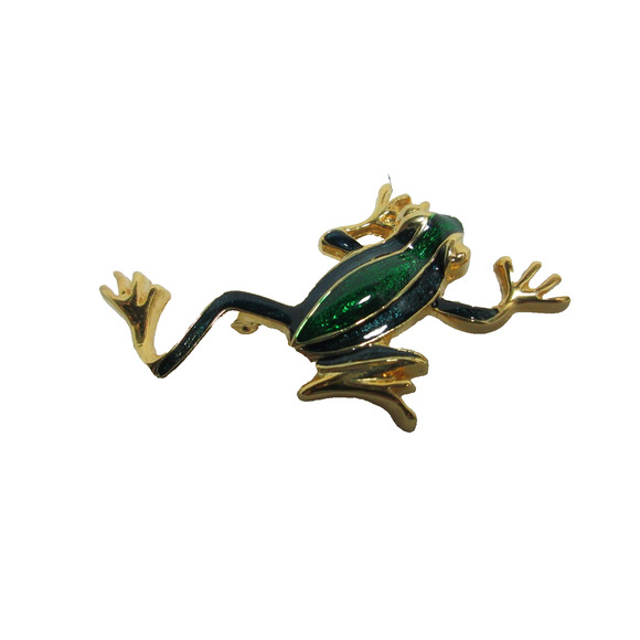 Vintage Leaping Frog Blue & Green Enamel Brooch Pin Gold Tone - Picture 1 of 5